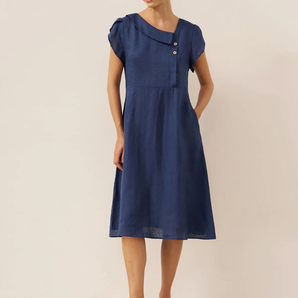 Lintico Fiona Dress Womens 100% Linen Crescent Collar Midi Navy Blue Small NWT